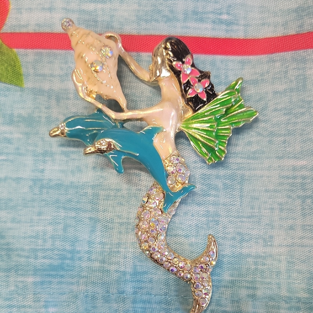 Mermaid and Dolphin Brooch with Green and Blue Accents